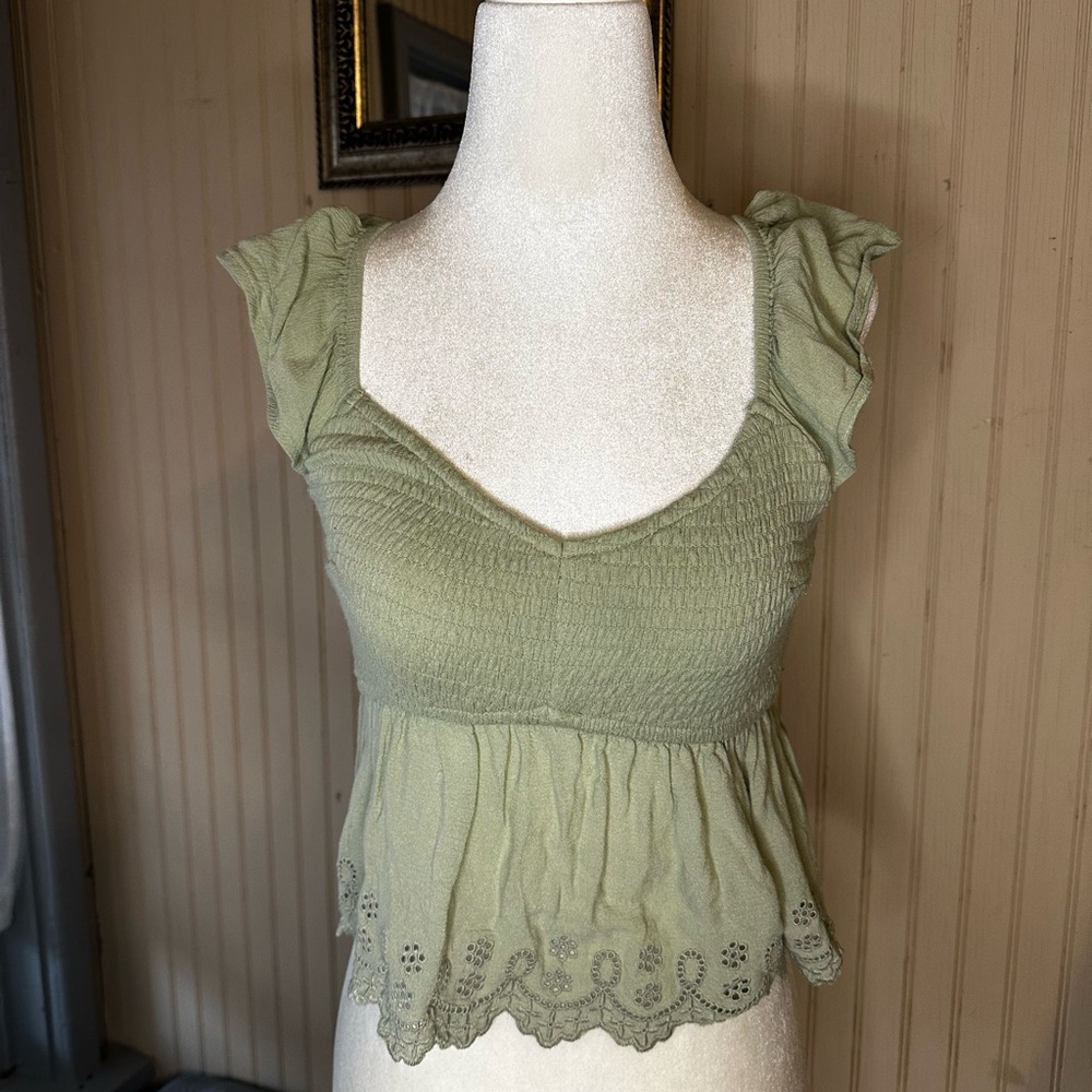 Hollister Smocked Babydoll Peplum Top Eyelet Hem Cottagecore Y2K Green XS